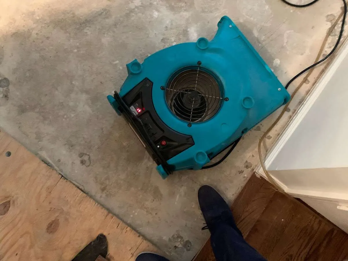 Air mover drying subfloor during Leak Detection & Repair in Benner